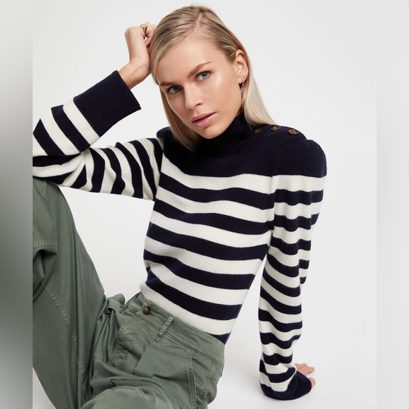 Goop G. LABEL Mindy Cashmere Wool Striped Turtleneck Sweater in Navy Cream - Picture 4 of 17